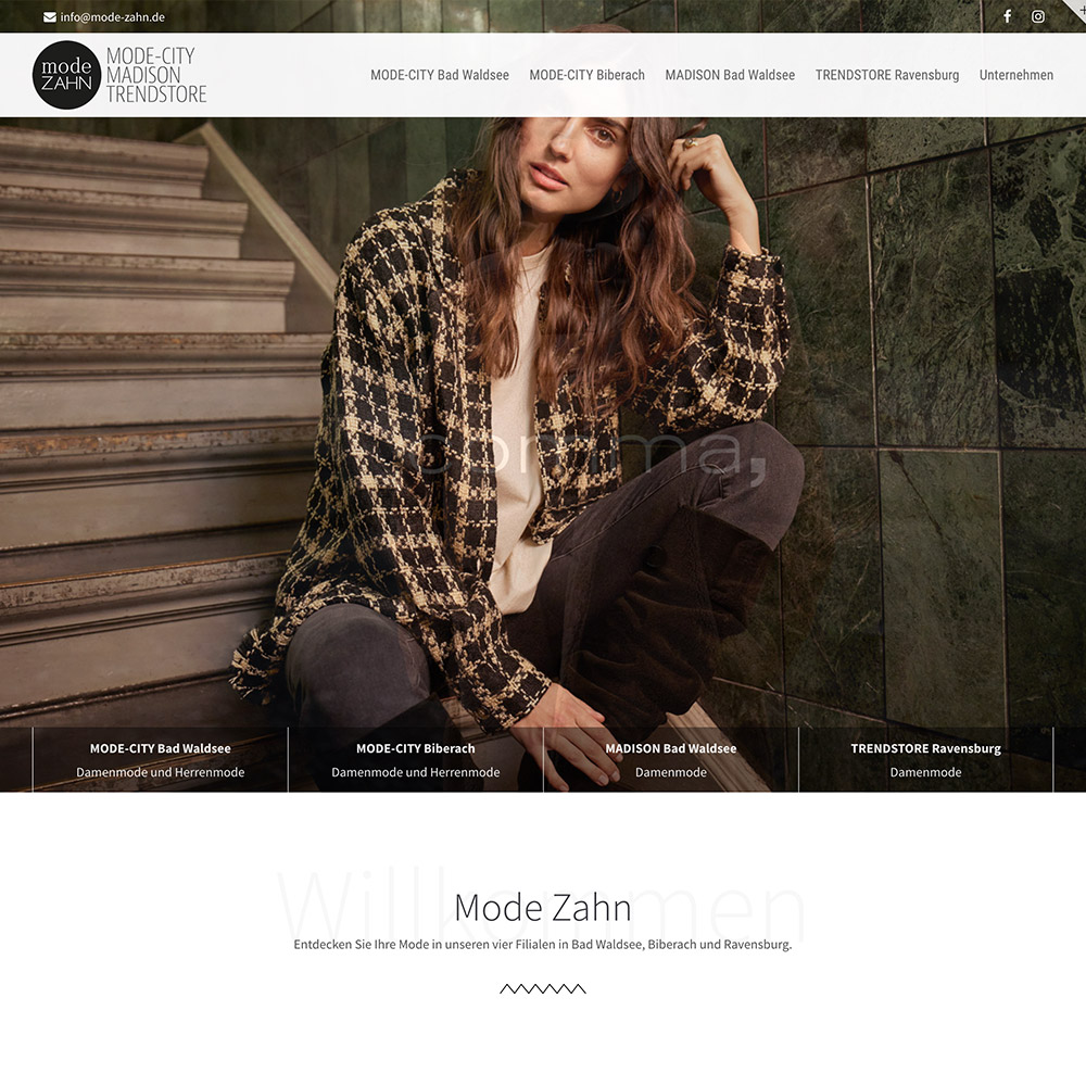 Internetseite der Mode Zahn GmbH, Bad Waldsee